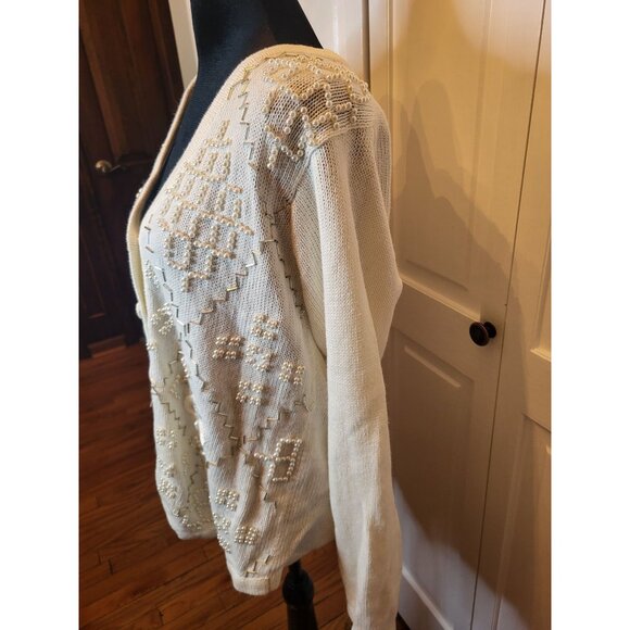 Vintage 90's/Y2K White/Silver Beaded Cardigan S Pearls Cottage Fairy Feminine - Picture 9 of 9